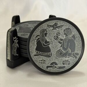 BOMA Inuit Coaster Set‎ of 6 w/ Holder Made in Canada Textured Canadian Folk Art